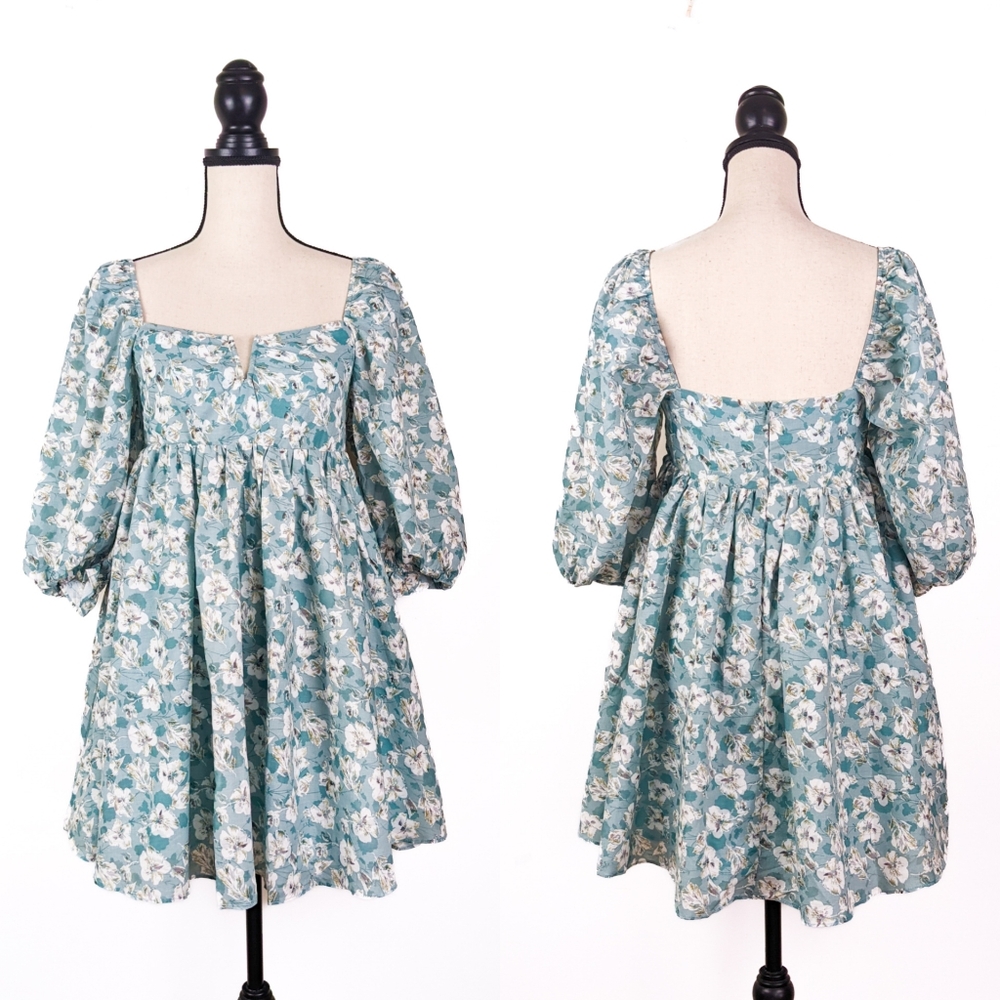 🦋LAST🦋 NWT Storia Green Floral Baby Doll Mini Dress - Picture 2 of 6